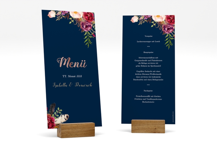 Menükarte Hochzeit Flowers lange Karte hoch blau rosegold mit bunten Aquarell-Blumen