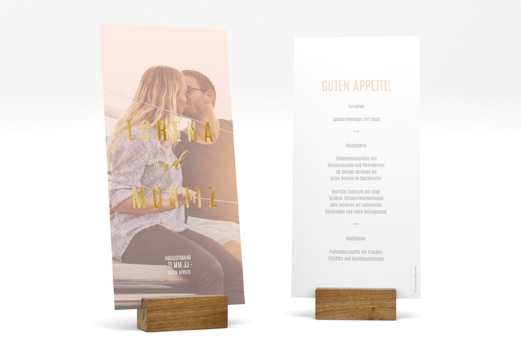 Menükarte Hochzeit Memory lange Karte hoch rosa gold
