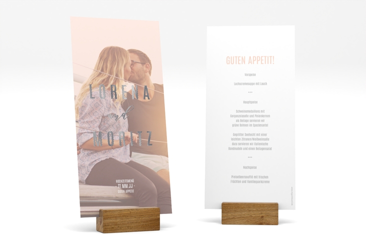 Menükarte Hochzeit Memory lange Karte hoch rosa silber