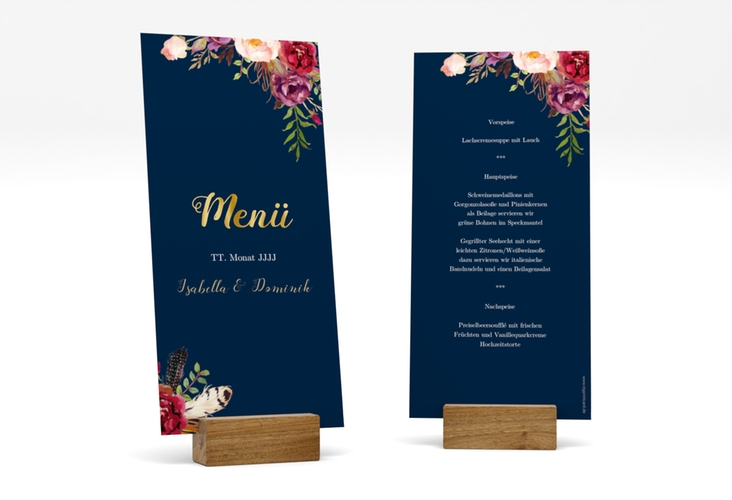 Menükarte Hochzeit Flowers lange Karte hoch blau gold mit bunten Aquarell-Blumen