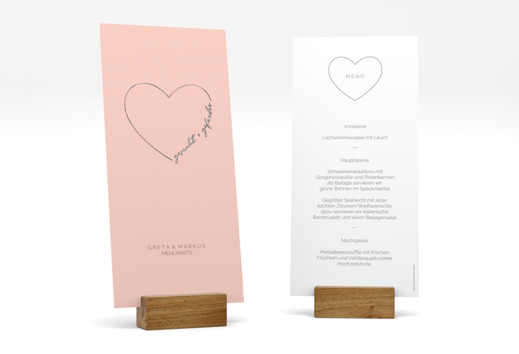 Menükarte Hochzeit Lebenstraum lange Karte hoch rosa silber