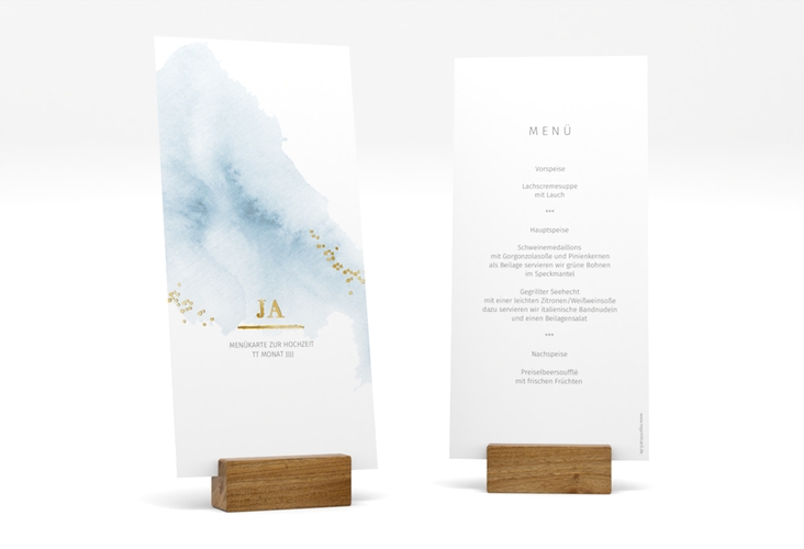 Menükarte Hochzeit Pastell lange Karte hoch blau gold