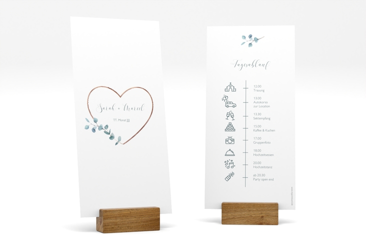 Tagesablauf Hochzeit Greenheart lange Karte hoch gold rosegold mit elegantem Herz und Eukalyptus-Zweig