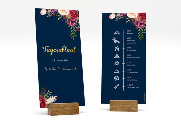 Tagesablauf Hochzeit Flowers lange Karte hoch blau gold mit bunten Aquarell-Blumen
