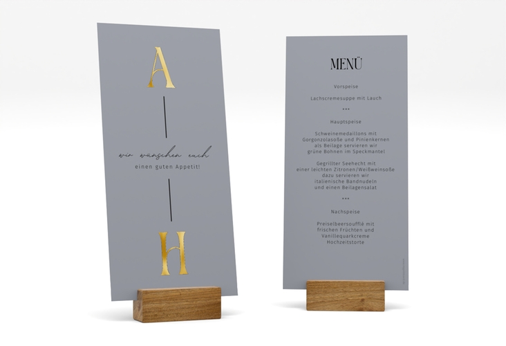 Menükarte Hochzeit Lebensbund lange Karte hoch blau gold mit veredelbaren Initialen