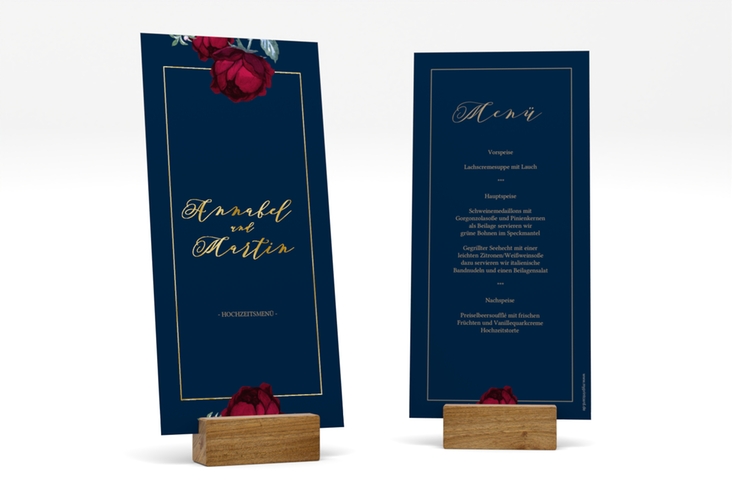 Menükarte Hochzeit Peonies lange Karte hoch blau gold elegant mit Pfingstrosen