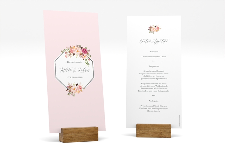 Menükarte Hochzeit Prachtvoll lange Karte hoch rosa silber