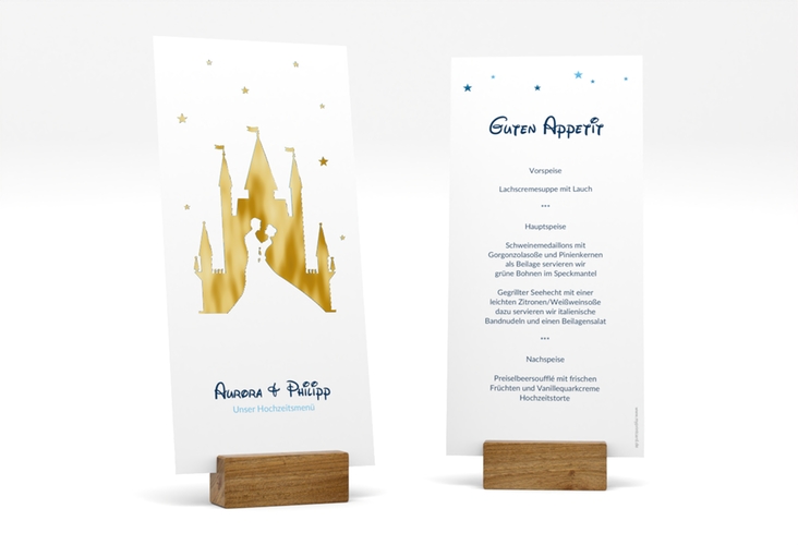 Menükarte Hochzeit Castle lange Karte hoch blau gold