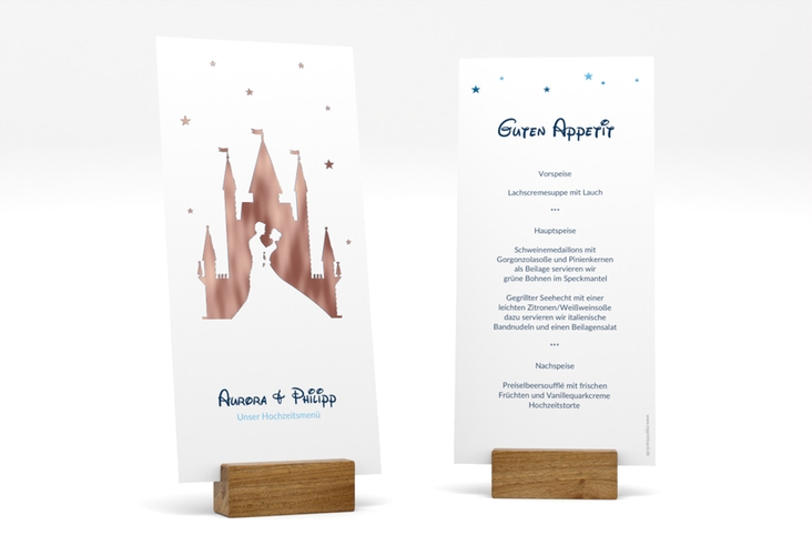 Menükarte Hochzeit Castle lange Karte hoch blau rosegold