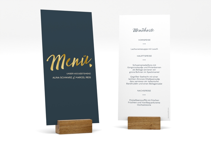 Menükarte Hochzeit Glam lange Karte hoch blau gold