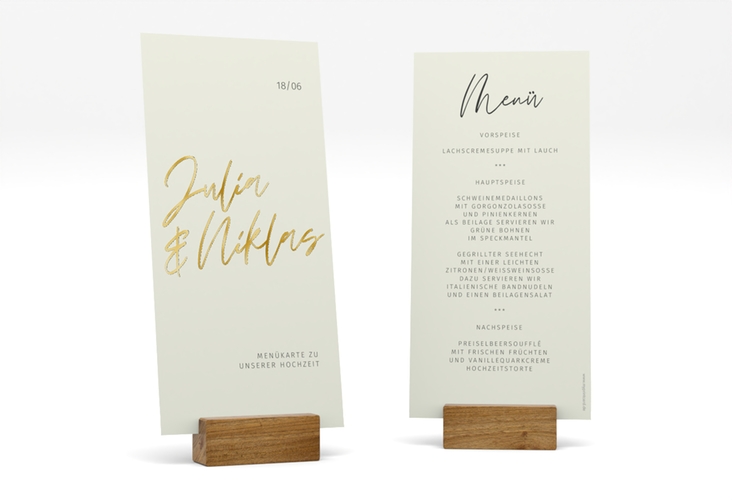 Menükarte Hochzeit Einfachheit lange Karte hoch mint gold mit modernem Schriftzug
