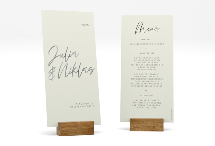 Menükarte Hochzeit Einfachheit lange Karte hoch mint silber mit modernem Schriftzug