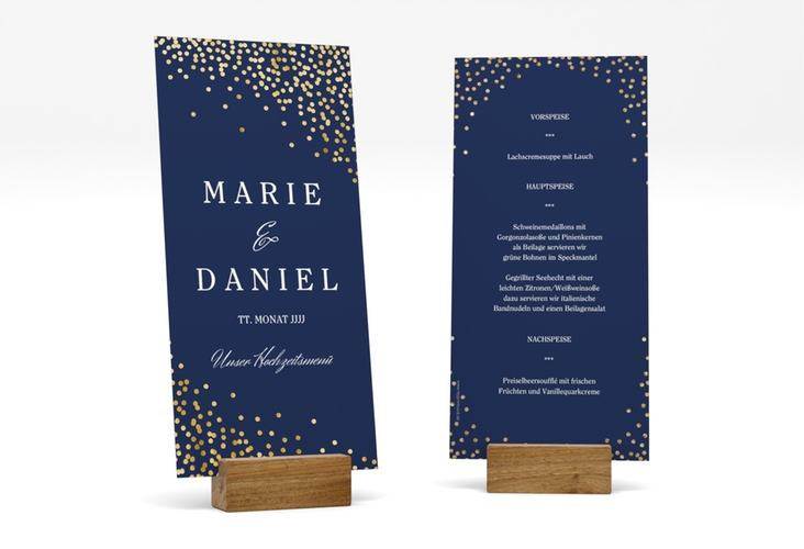 Menükarte Hochzeit Glitter lange Karte hoch blau gold