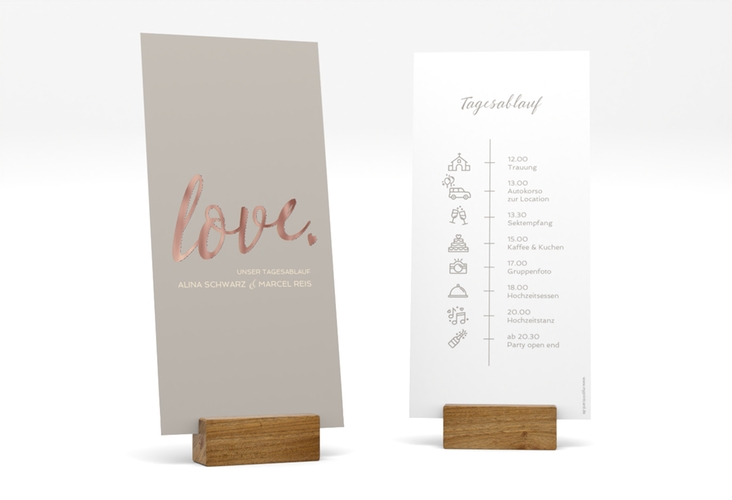 Tagesablauf Hochzeit Glam lange Karte hoch grau rosegold
