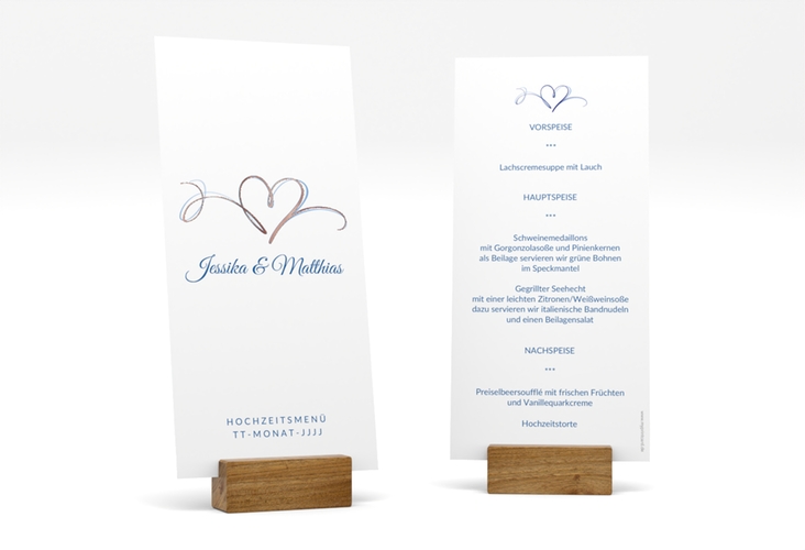 Menükarte Hochzeit Envie lange Karte hoch blau rosegold