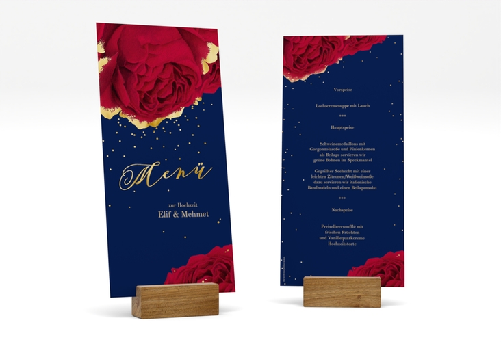 Menükarte Hochzeit Cherie lange Karte hoch blau gold