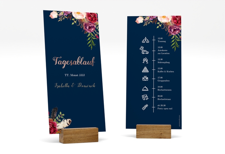Tagesablauf Hochzeit Flowers lange Karte hoch blau rosegold mit bunten Aquarell-Blumen