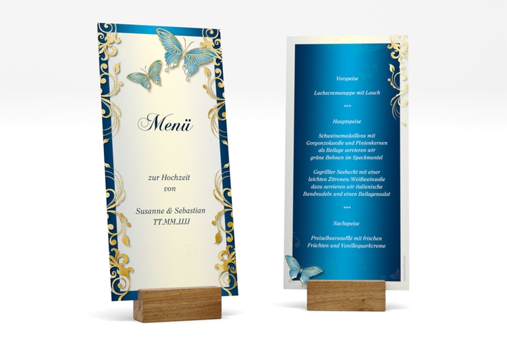 Menükarte Hochzeit Toulouse lange Karte hoch blau gold