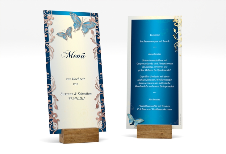 Menükarte Hochzeit Toulouse lange Karte hoch blau rosegold