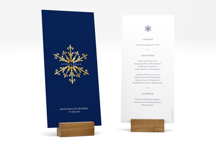 Menükarte Hochzeit Crystal lange Karte hoch blau gold mit Eiskristall
