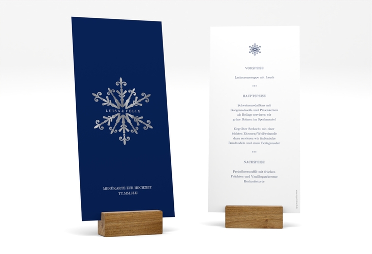 Menükarte Hochzeit Crystal lange Karte hoch blau silber mit Eiskristall