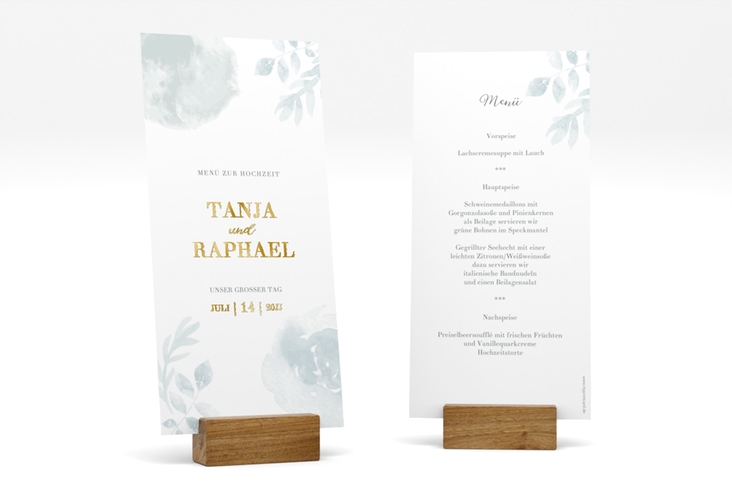Menükarte Hochzeit Blätterdruck lange Karte hoch mint gold