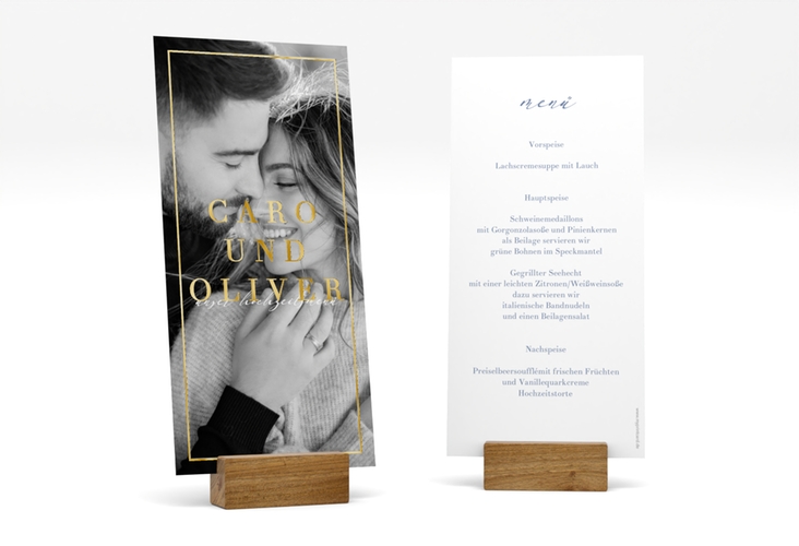 Menükarte Hochzeit Moment lange Karte hoch blau gold