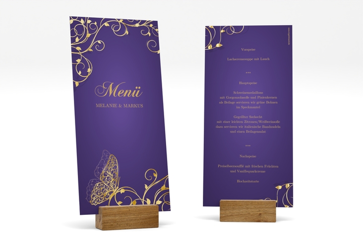Menükarte Hochzeit Eternity lange Karte hoch lila gold