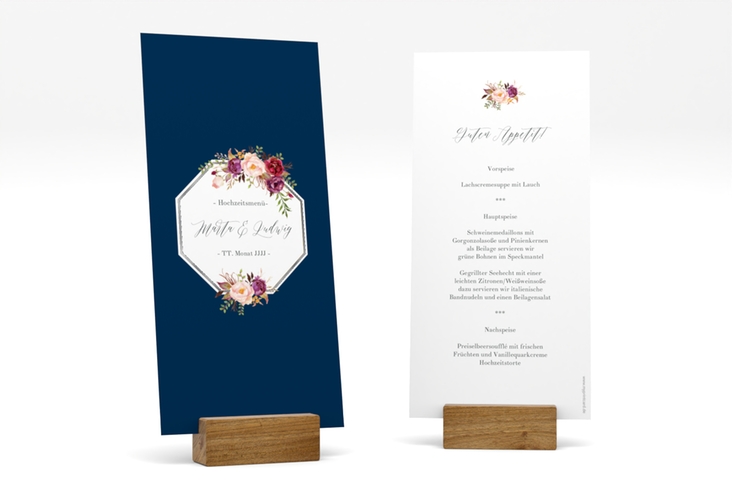 Menükarte Hochzeit Prachtvoll lange Karte hoch blau silber