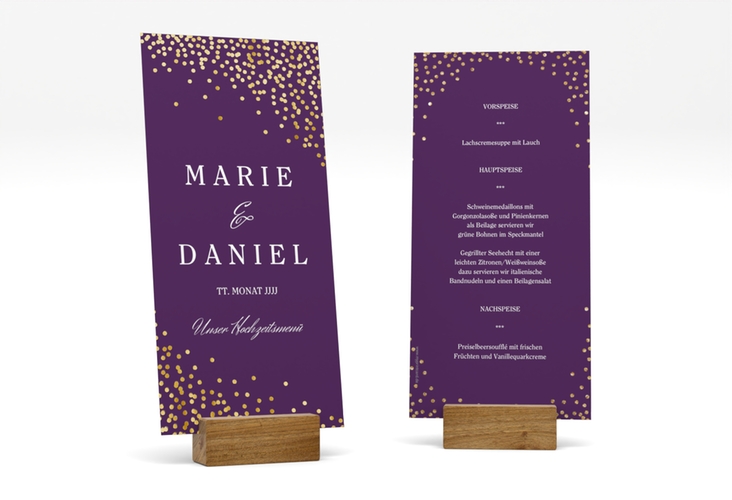 Menükarte Hochzeit Glitter lange Karte hoch lila gold
