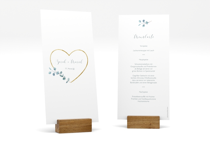 Menükarte Hochzeit Greenheart lange Karte hoch grau gold mit elegantem Herz und Eukalyptus-Zweig