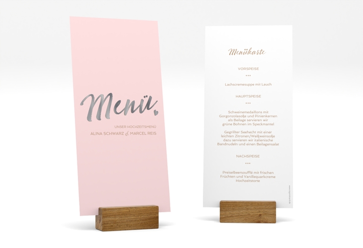 Menükarte Hochzeit Glam lange Karte hoch rosa silber