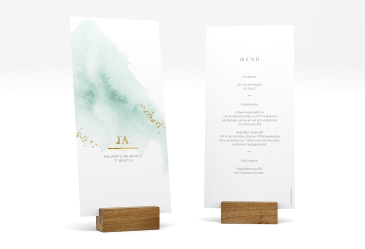 Menükarte Hochzeit Pastell lange Karte hoch mint gold