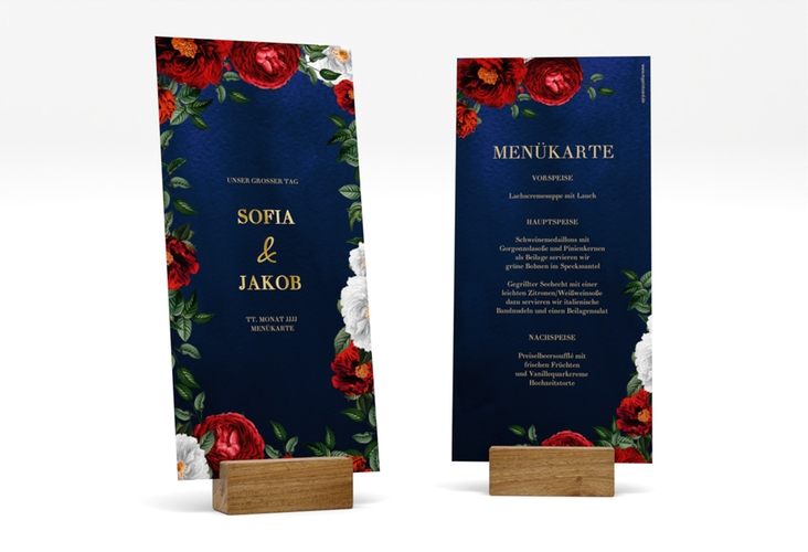 Menükarte Hochzeit Florista lange Karte hoch blau gold