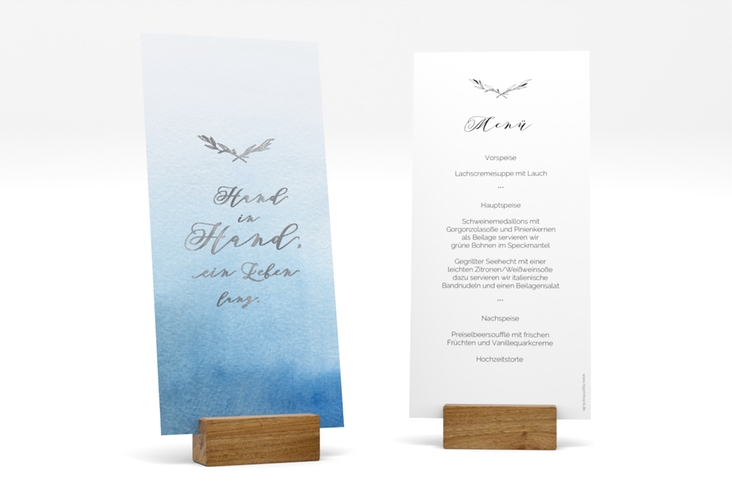 Menükarte Hochzeit Divine lange Karte hoch blau silber