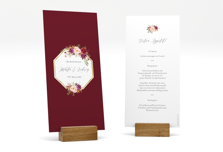 Menükarte Hochzeit Prachtvoll lange Karte hoch rot gold
