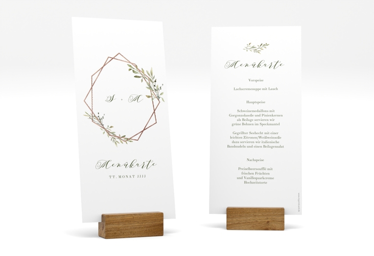 Menükarte Hochzeit Acacia lange Karte hoch weiss rosegold