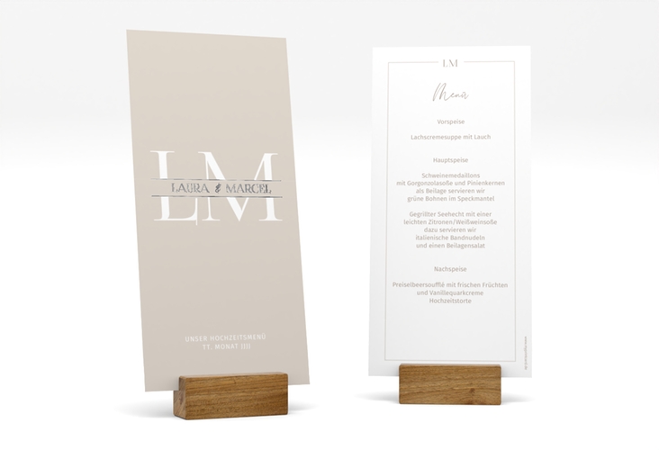 Menükarte Hochzeit Monogramm lange Karte hoch beige silber