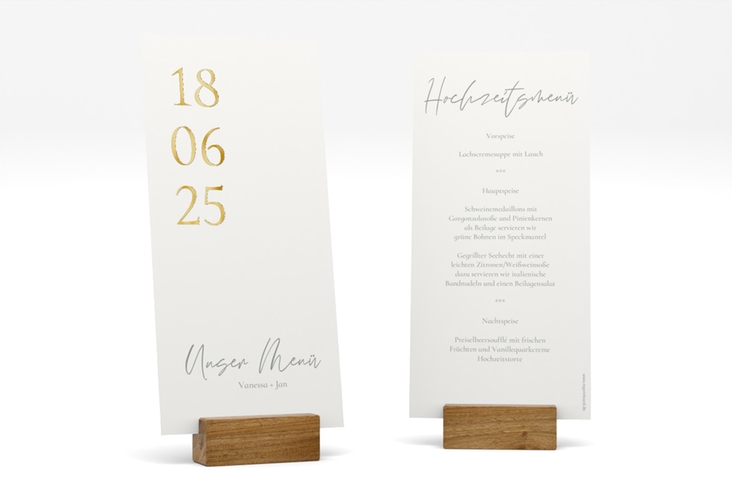 Menükarte Hochzeit Day lange Karte hoch weiss gold mit Datum im minimalistischen Design