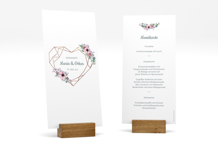 Menükarte Hochzeit Herzgold lange Karte hoch weiss rosegold