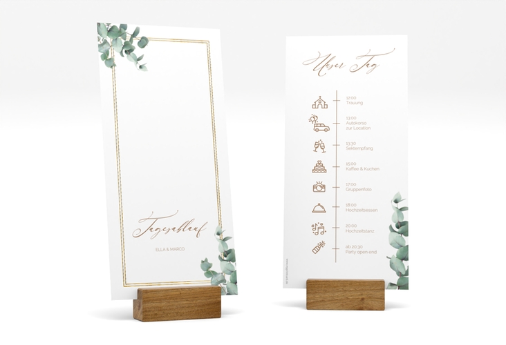 Tagesablauf Hochzeit Eucalypt lange Karte hoch weiss gold mit Eukalyptus und edlem Rahmen