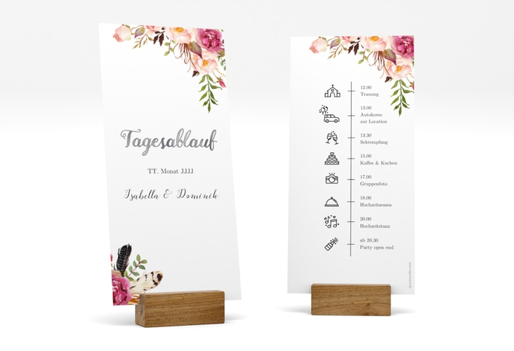 Tagesablauf Hochzeit Flowers lange Karte hoch weiss silber mit bunten Aquarell-Blumen