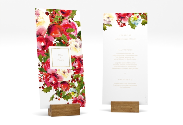 Menükarte Hochzeit Blumenpracht lange Karte hoch weiss gold