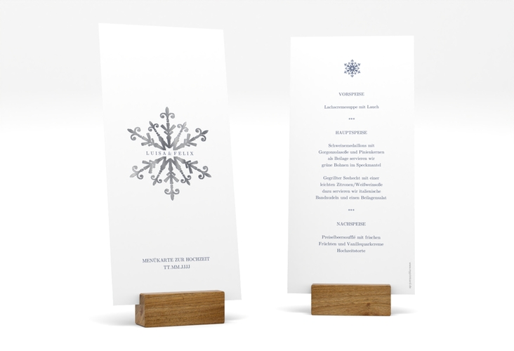 Menükarte Hochzeit Crystal lange Karte hoch weiss silber mit Eiskristall
