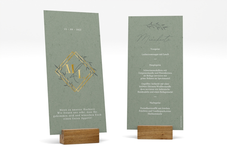 Menükarte Hochzeit Greenletter lange Karte hoch gruen gold mit Initialen in elegantem Goldrahmen mit Blättern
