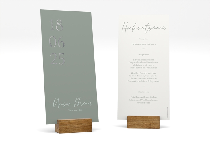 Menükarte Hochzeit Day lange Karte hoch gruen silber mit Datum im minimalistischen Design