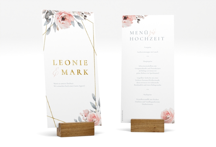 Menükarte Hochzeit Perfection lange Karte hoch weiss gold mit rosa Rosen