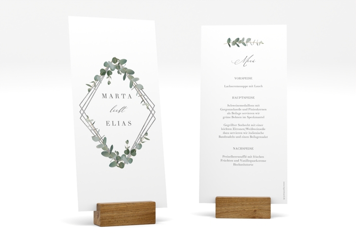 Menükarte Hochzeit Eukalyptus lange Karte hoch weiss silber