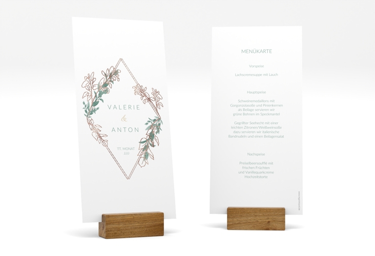 Menükarte Hochzeit Verde lange Karte hoch weiss rosegold