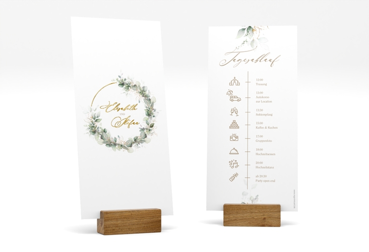 Tagesablauf Hochzeit Selvatica lange Karte hoch weiss gold mit Eukalyptus-Kranz